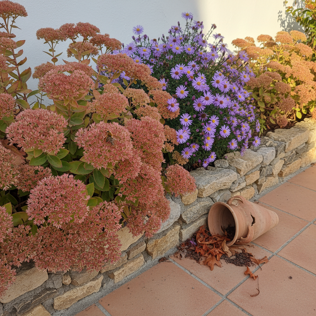 Cabezuelas planas de sedo y margaritas violetas de aster en otoño con abejas trabajando bajo luz cálida.