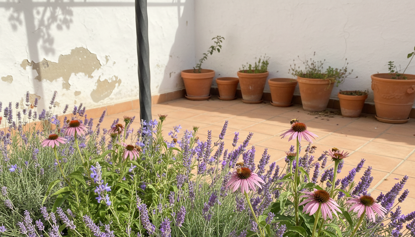 Macizo mediterráneo con lavanda, romero y equinácea recibiendo abejas y mariposas junto a un muro encalado.