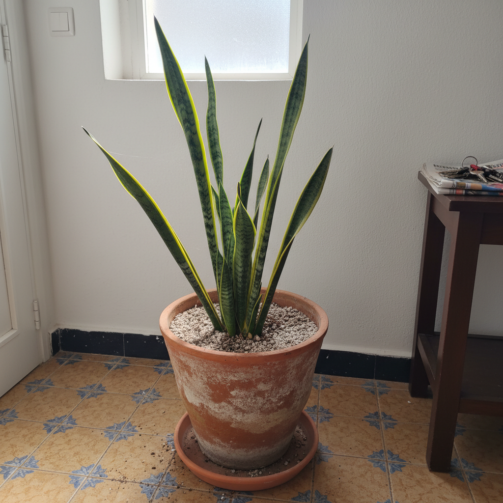 Sansevieria 'Laurentii' madura en una maceta de barro junto a la pared blanca de un recibidor español