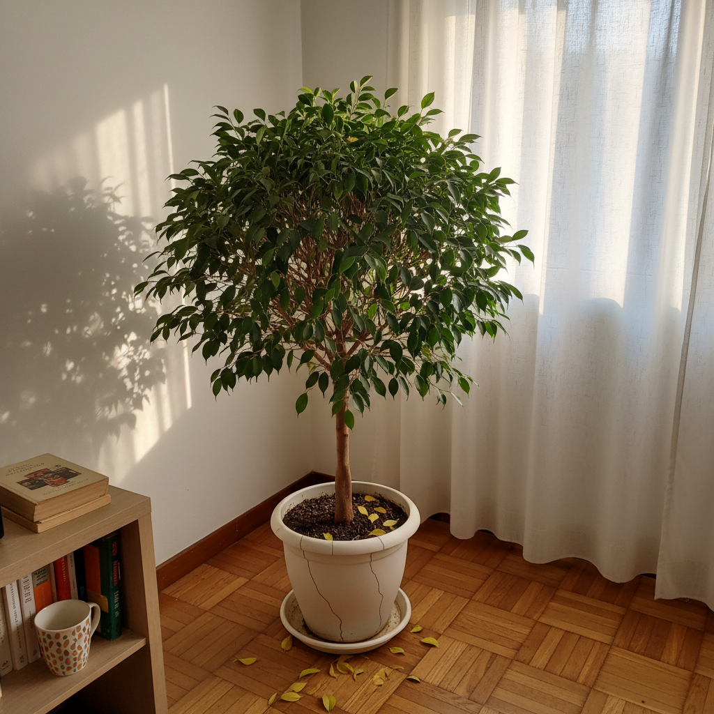 Ficus benjamina en un rincón soleado de un salón español, junto a una ventana con visillo
