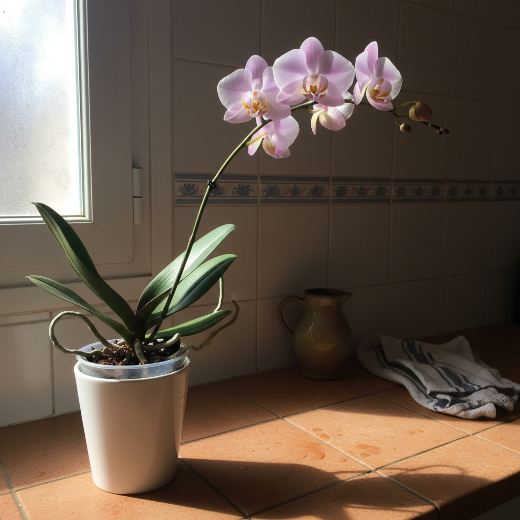 Orquídea Phalaenopsis con vara floral en flor sobre una repisa orientada al este en una cocina española
