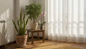 Sansevieria, dracena, ficus benjamina y orquídea Phalaenopsis agrupados en un salón español junto al balcón