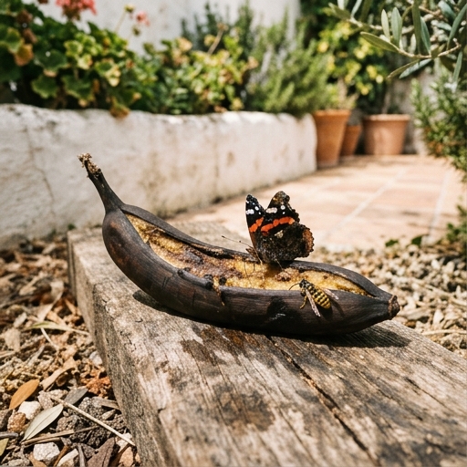Plátano muy maduro casi negro abierto sobre una tablilla de madera en el jardín, con una vanesa y una avispa visibles.