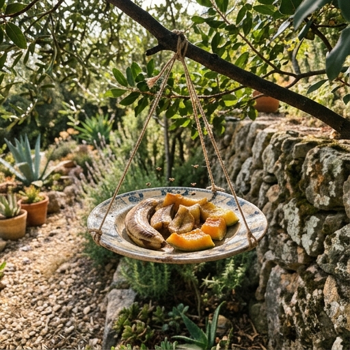 Comedero de fruta con plátano y trozos de melón en una bandeja vieja, colgado en semisombra en jardín español.