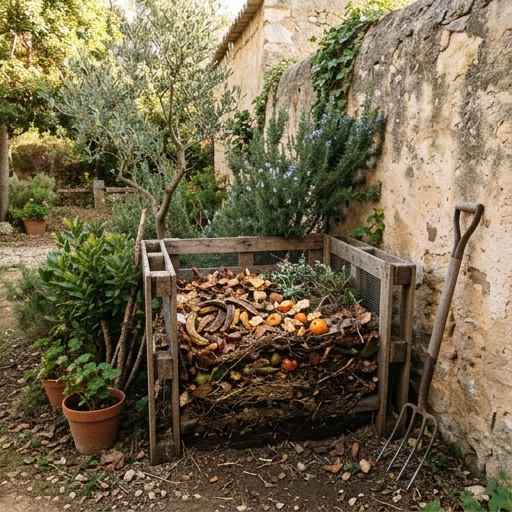 Compostera casera en rincón del jardín con restos de fruta, ramas y hojas, integrada junto a arbustos mediterráneos.
