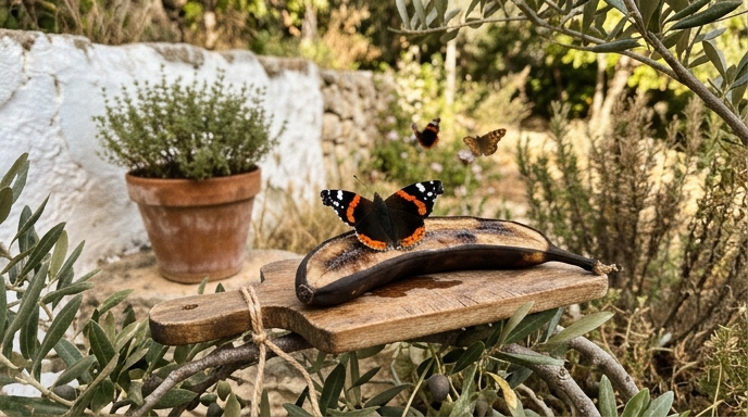 Mariposa vanesa atalanta con alas naranja y negro posada sobre un plátano muy maduro colgado en un arbusto del jardín.