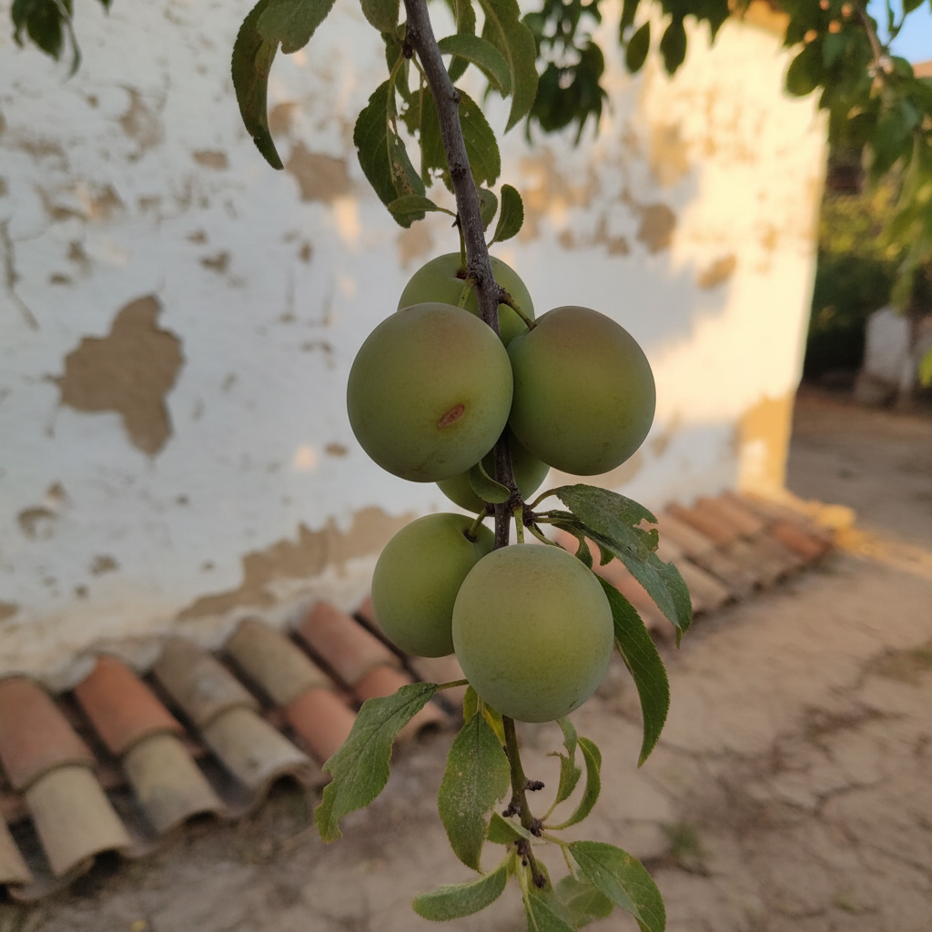 Racimo de ciruelas Reina Claudia maduras en la rama, con hojas polvorientas y luz cálida de tarde.