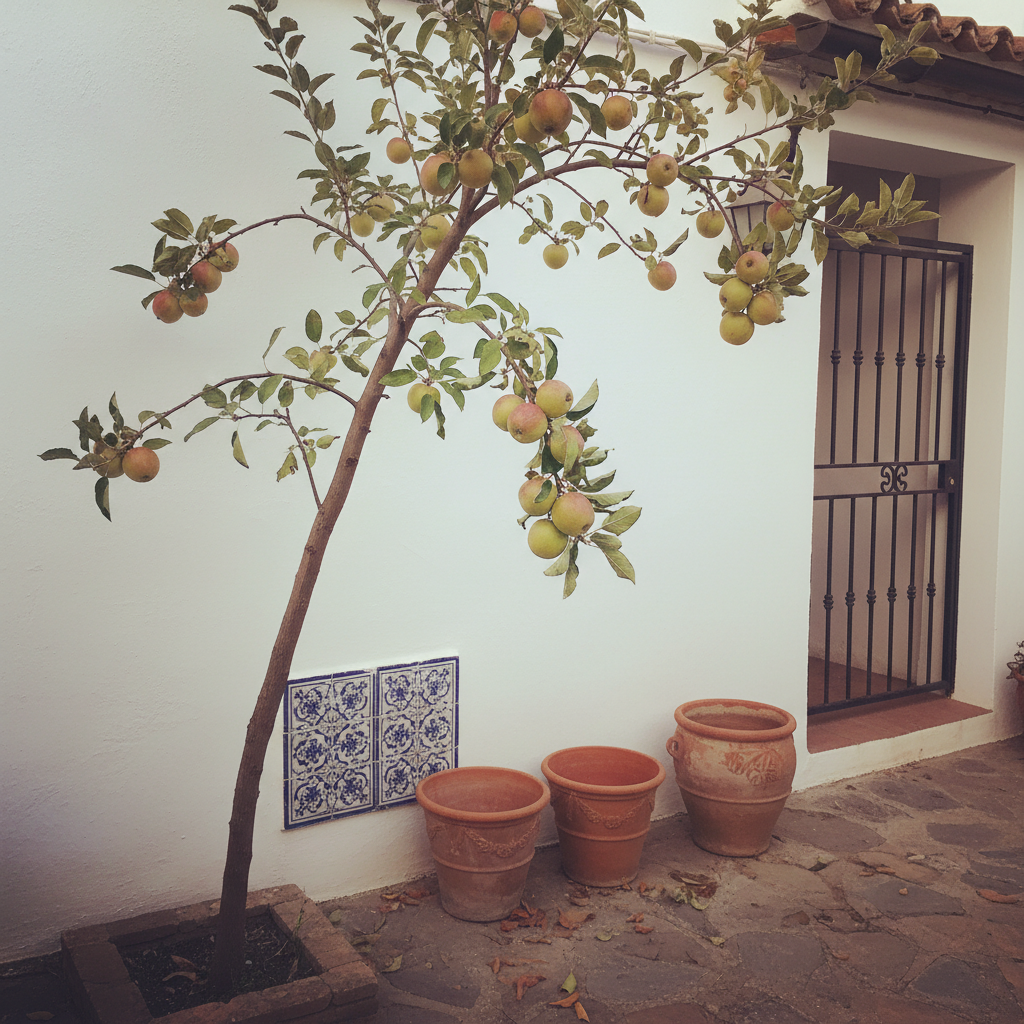 Manzano joven con manzanas verdes y rojas madurando junto a una pared encalada en patio español.