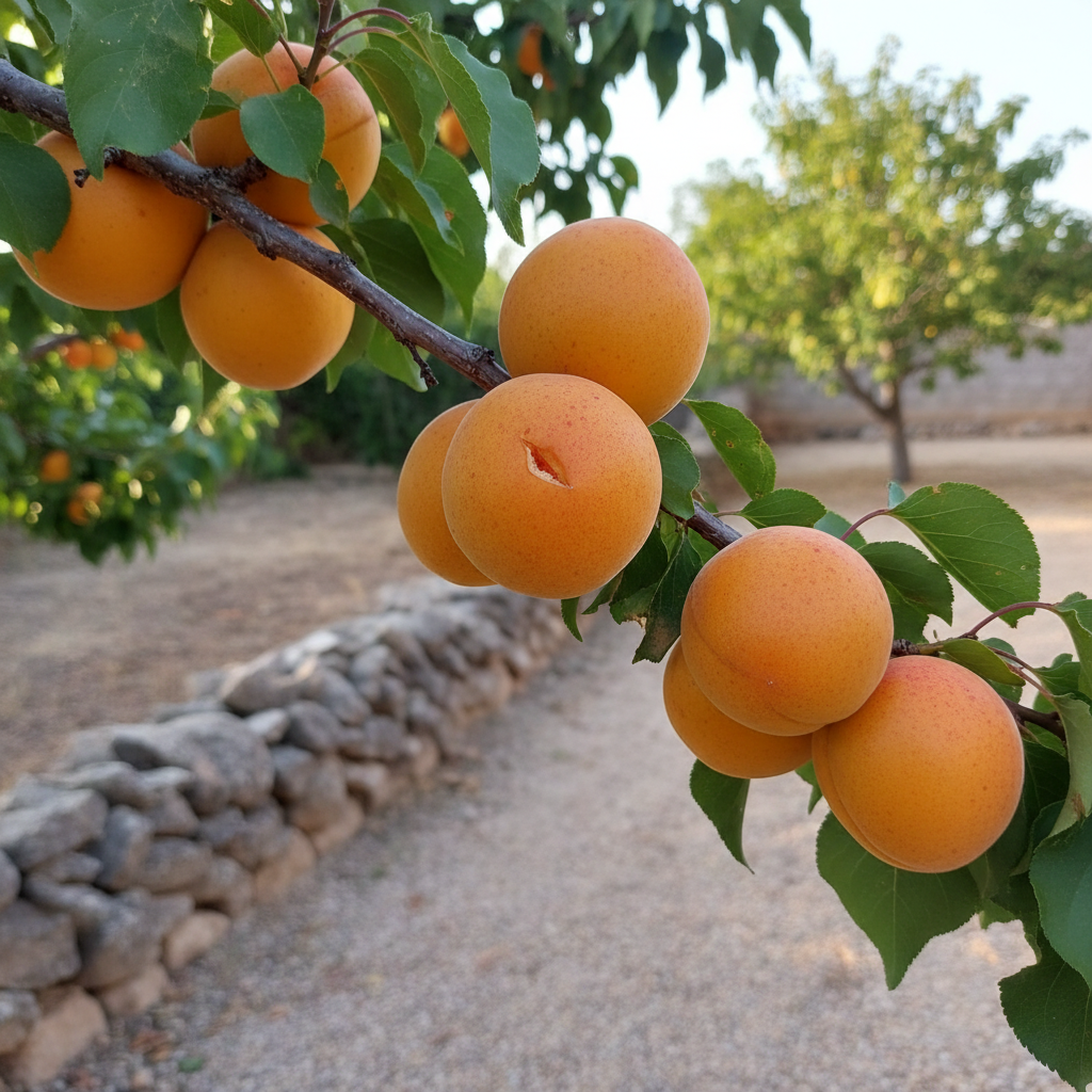 Albaricoques Búlida maduros en la rama de un albaricoquero murciano con muro de piedra al fondo.