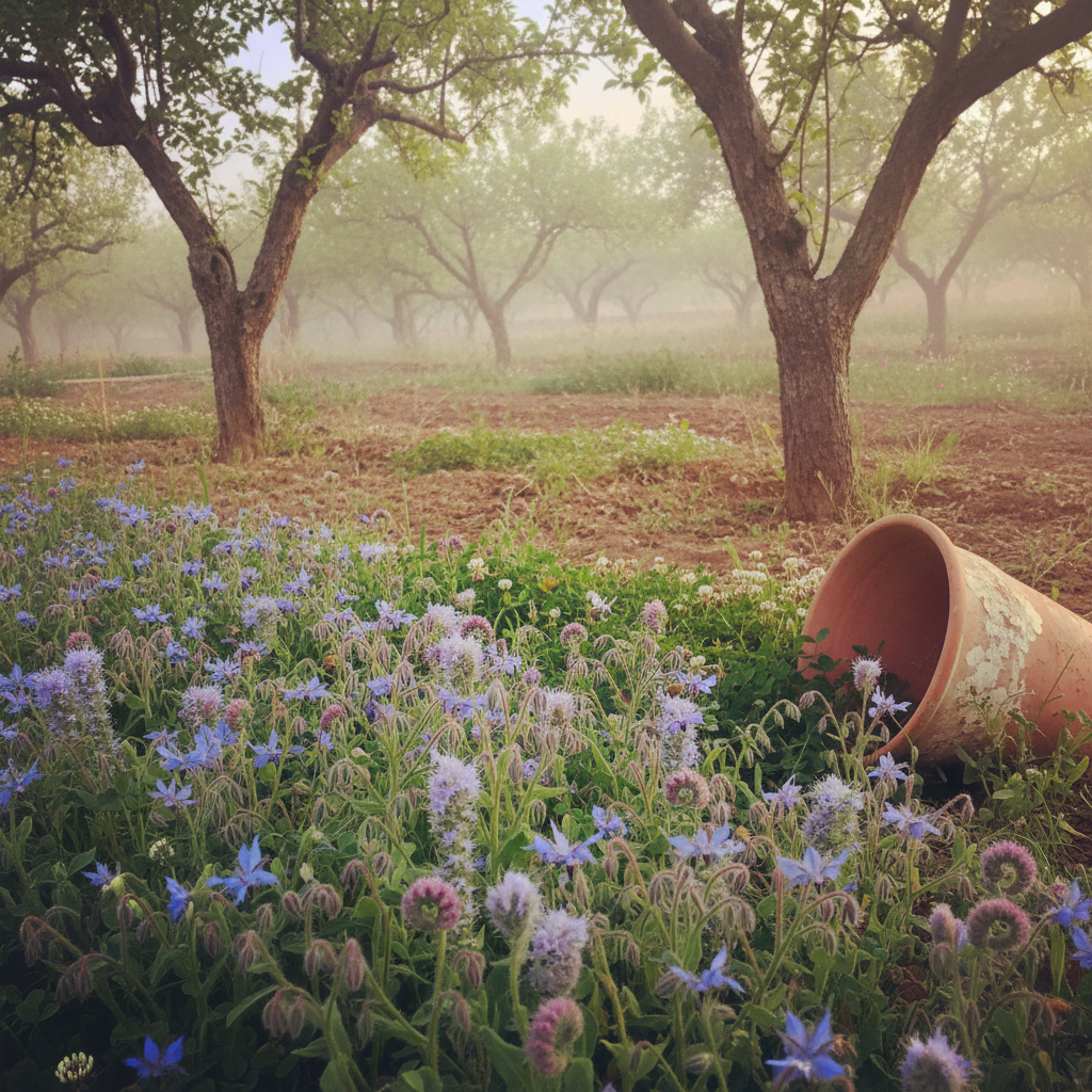 Cubierta florida de borraja y facelia bajo frutales en un huerto español, con abejas visitando las flores.