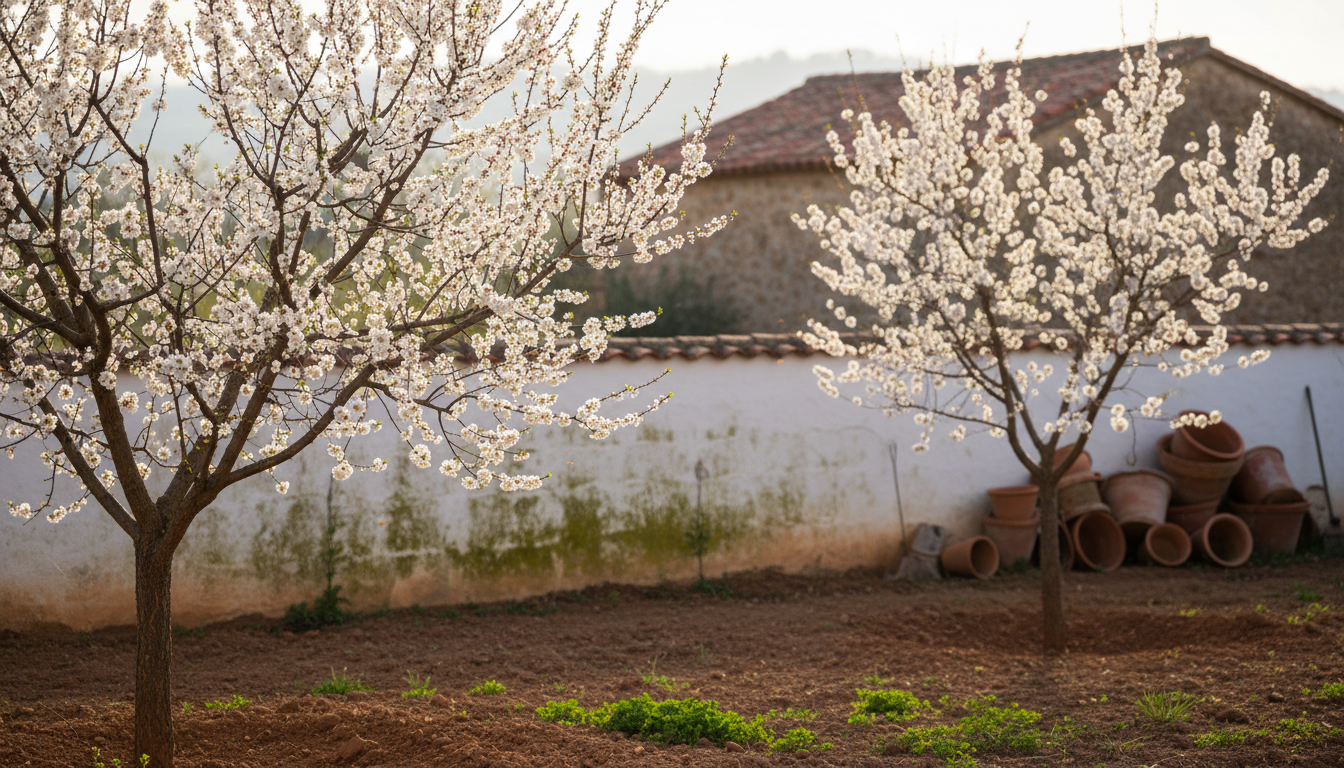 Dos ciruelos jóvenes en flor en un huerto familiar español al amanecer, con muro encalado al fondo.