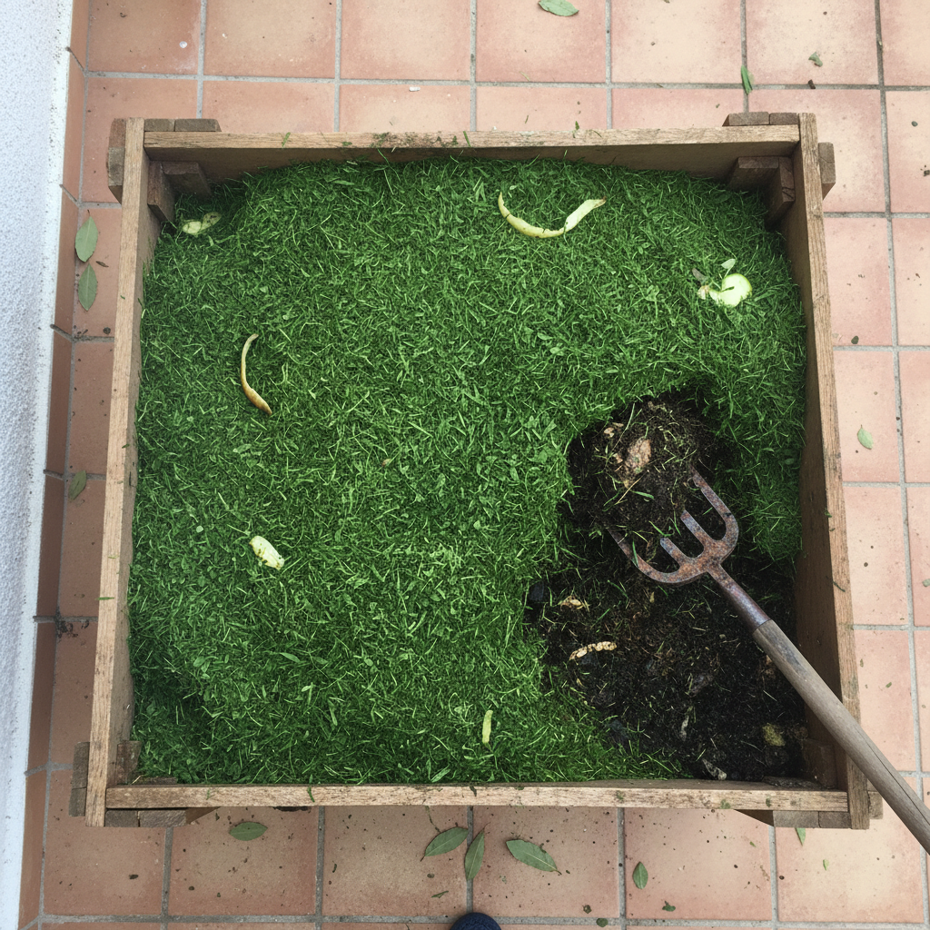 Pila de compost demasiado húmeda con césped recién cortado apelmazado y aspecto pantanoso
