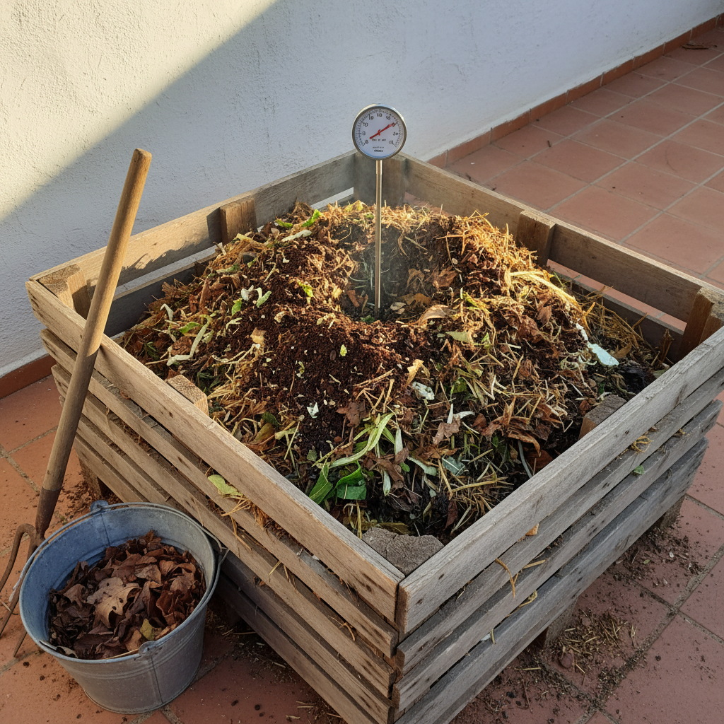 Termómetro de compost con sonda larga clavado en el centro de una pila activa con vapor tenue