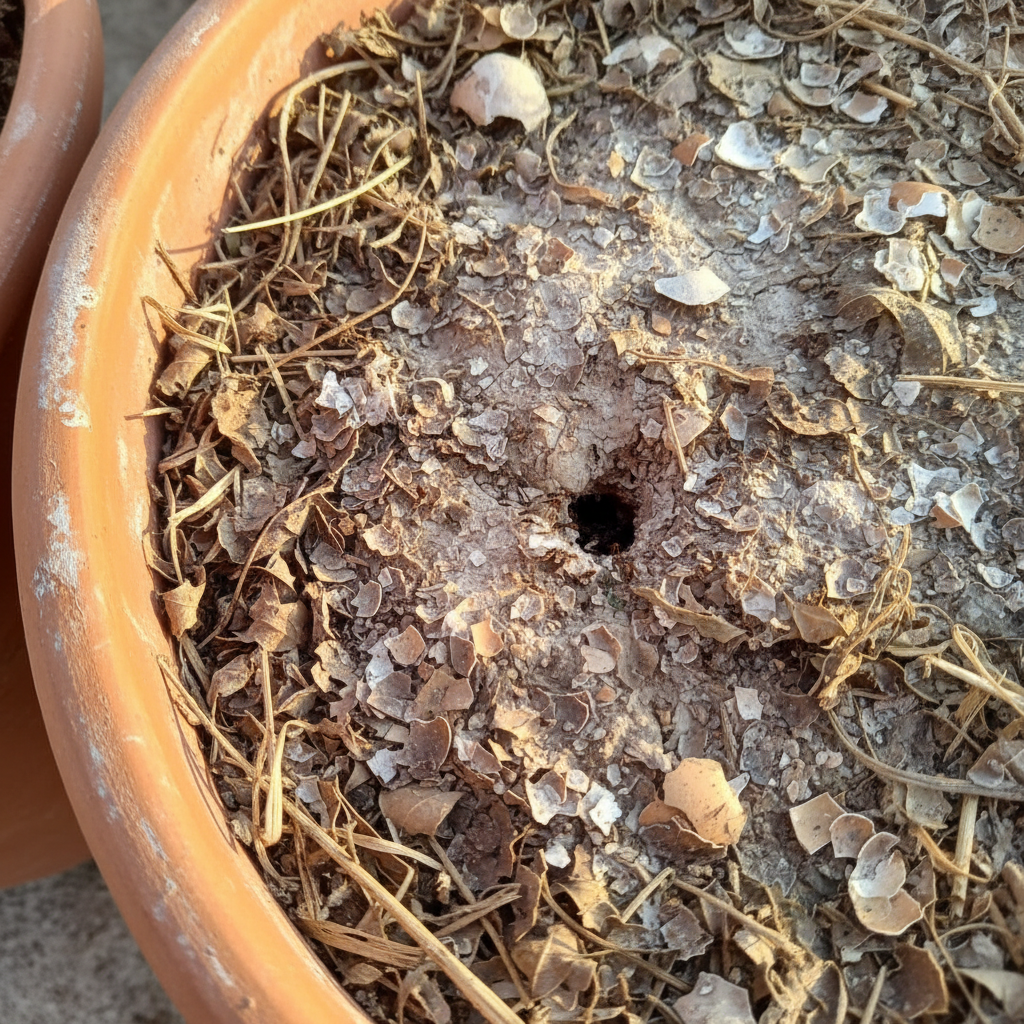 Hormigas circulando por la superficie agrietada y seca de una pila de compost en verano mediterráneo