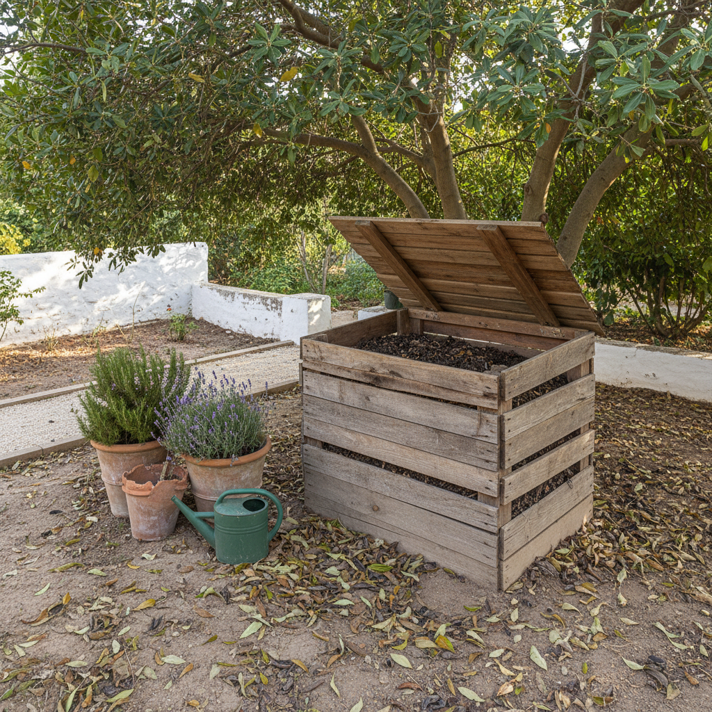 Compostera de madera situada a la sombra parcial de un algarrobo en un jardín mediterráneo