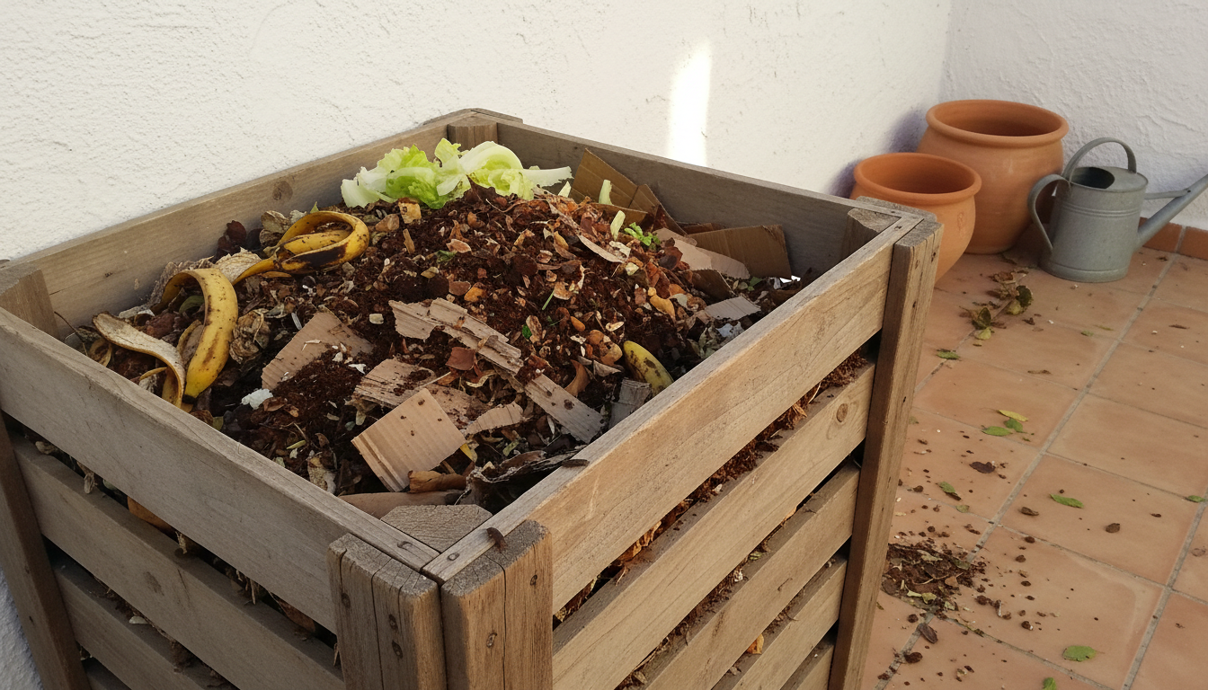 Compostera de madera abierta en un patio español con pila de restos vegetales y hojas secas