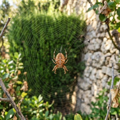 Araña Araneus diadematus con dibujo en cruz en el abdomen en el centro de su tela, jardín español.