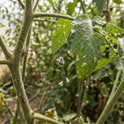Mosca blanca atrapada en tela de araña entre plantas de tomate en invernadero o huerto, España.