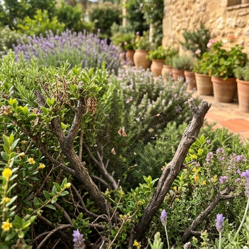 Rincón de seto de jardín español con tela de araña activa, araña visible, flores de aromáticas al fondo desfocadas.