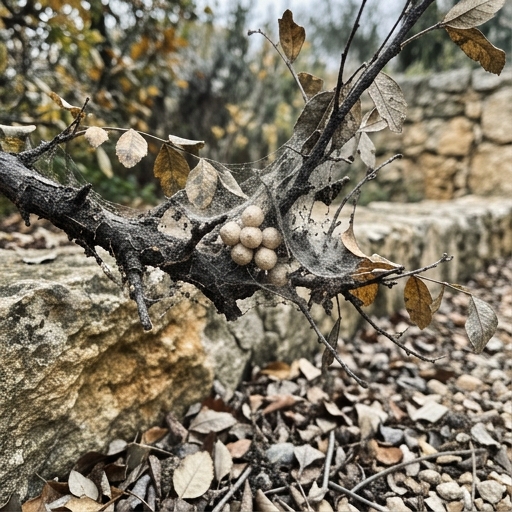 Capullos de araña de jardín adheridos a una rama de arbusto en otoño, rodeados de telas vacías grises y polvorientas.