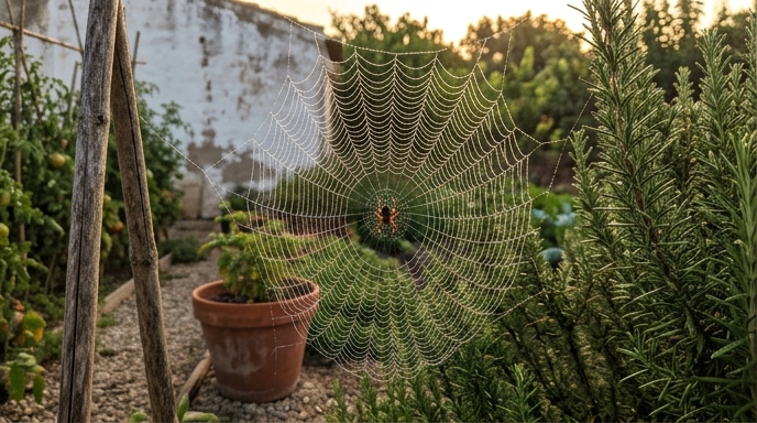 Tela orbitular de araña de jardín (Araneus diadematus) entre ramas con rocío de la mañana en un huerto español.