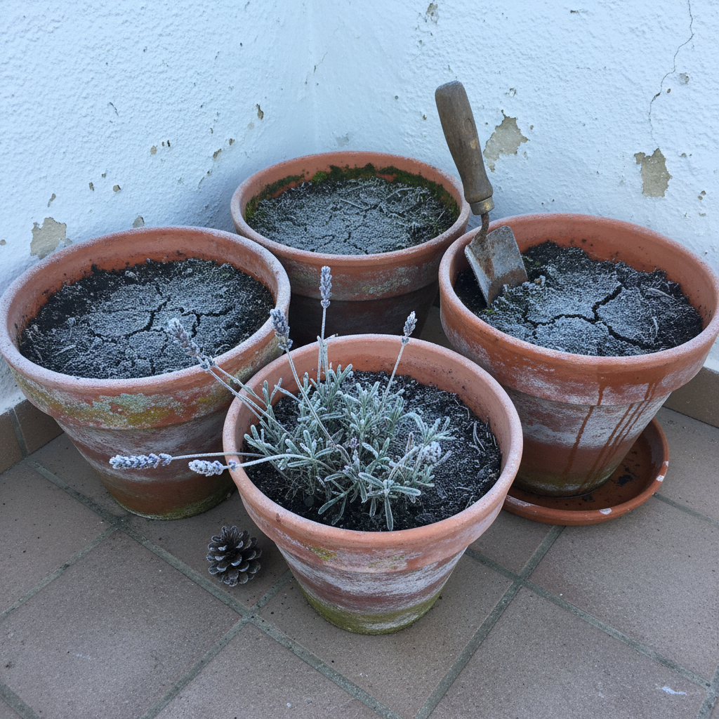 Macetas de barro cubiertas de escarcha en un balcón de interior español a primera hora de enero