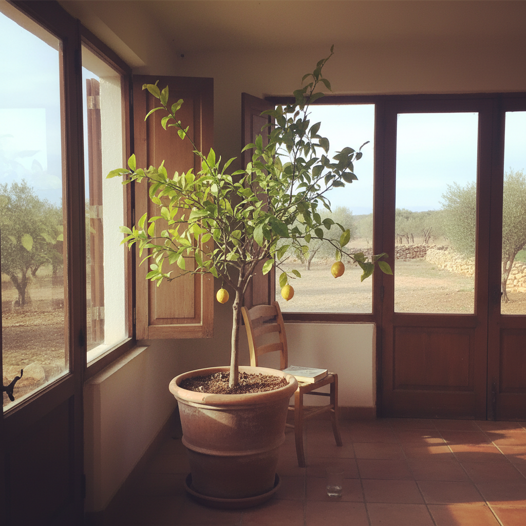 Limonero en maceta invernando dentro de una habitación luminosa con ventanal y suelo de terracota
