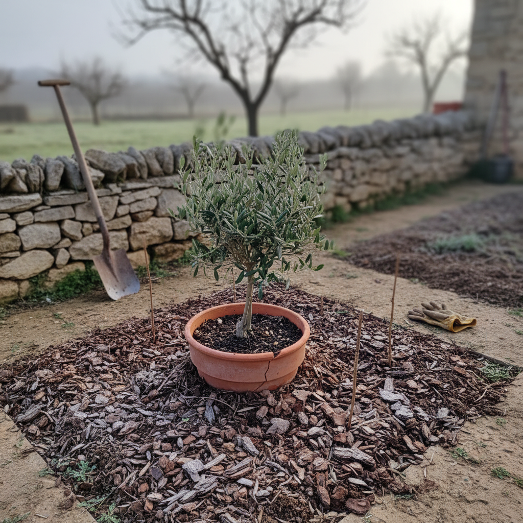 Maceta de olivo enano enterrada hasta el borde en un bancal del huerto durante el invierno