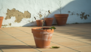 Maceta de barro con un cítrico dañado por el invierno sobre baldosas en una terraza del interior peninsular