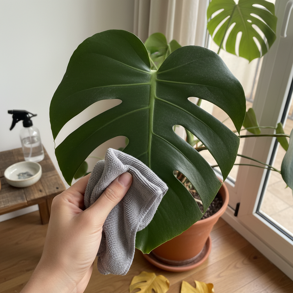 Mano limpiando con un paño de microfibra una hoja grande de monstera en un salón soleado