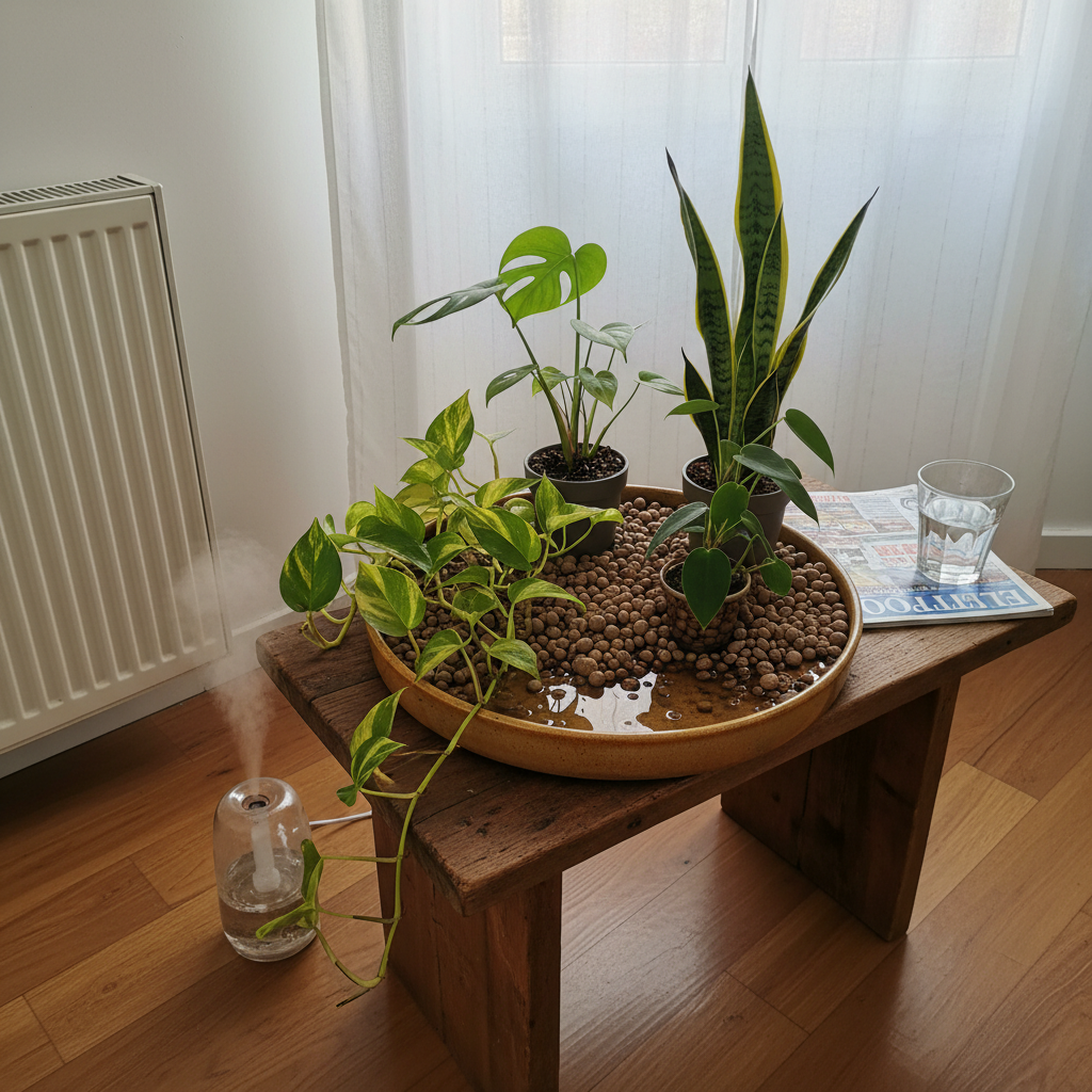 Plantas tropicales agrupadas sobre una bandeja con arlita y agua, lejos del radiador