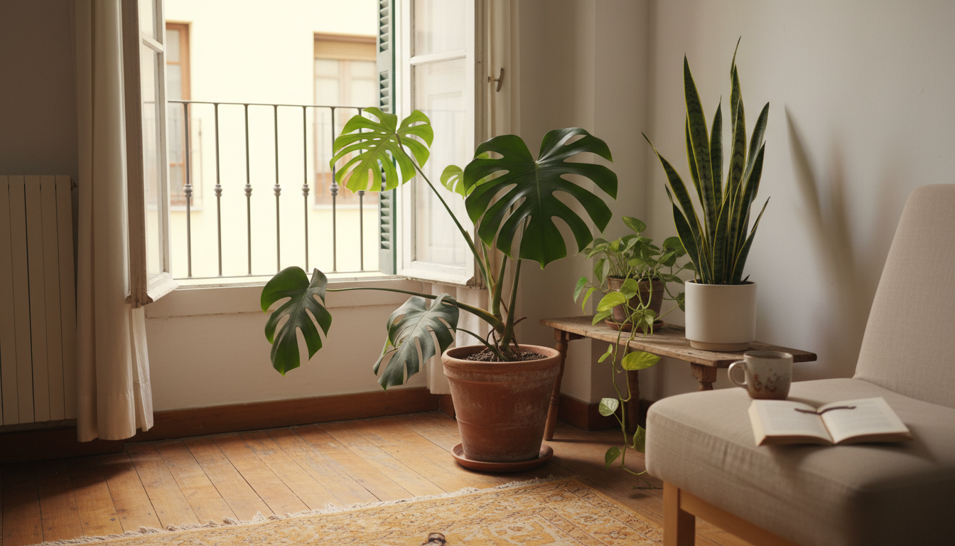 Plantas de interior tropicales en un salón español junto al balcón en una mañana de finales de invierno