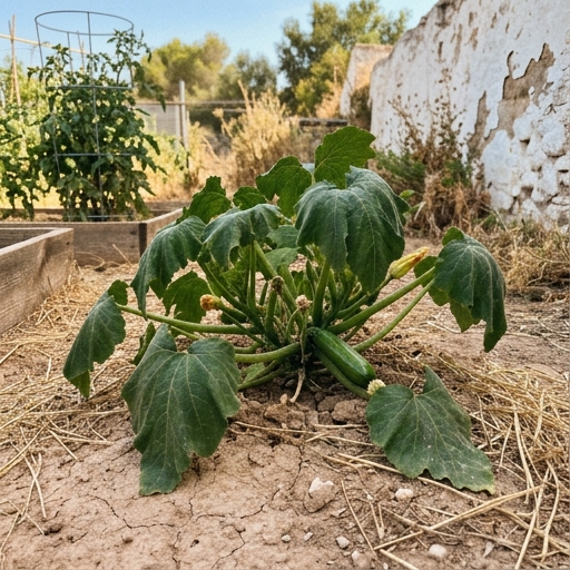 Hojas de calabacín ligeramente marchitas a media tarde en un bancal con suelo agrietado