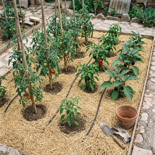 Bancal de huerto con acolchado de paja alrededor de tomateras y pimientos junto a goteo