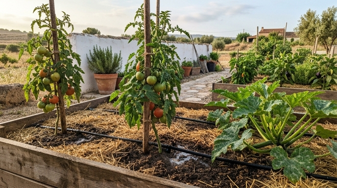 Huerto mediterráneo de verano con tomateras y goteo regando al pie sobre suelo acolchado con paja