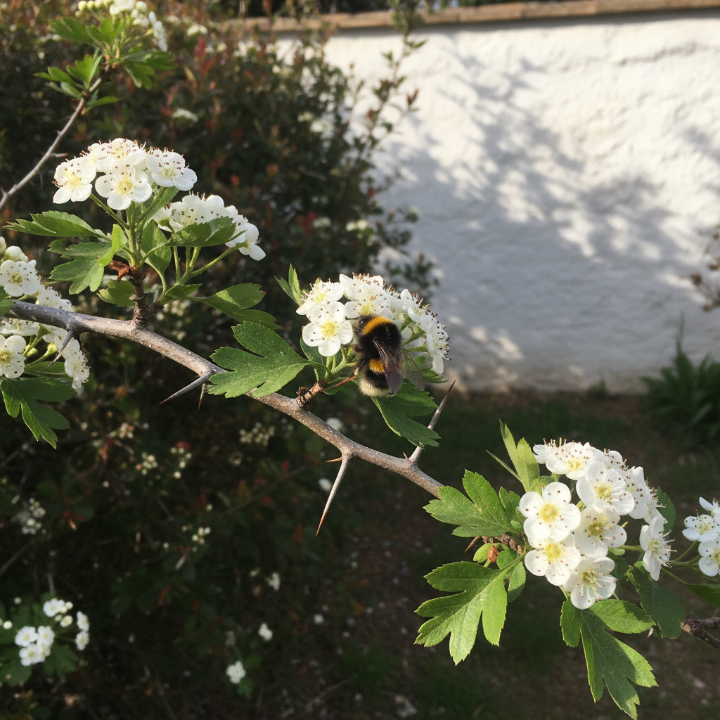 Rama de espino albar con flores blancas y abeja libando en jardín mediterráneo