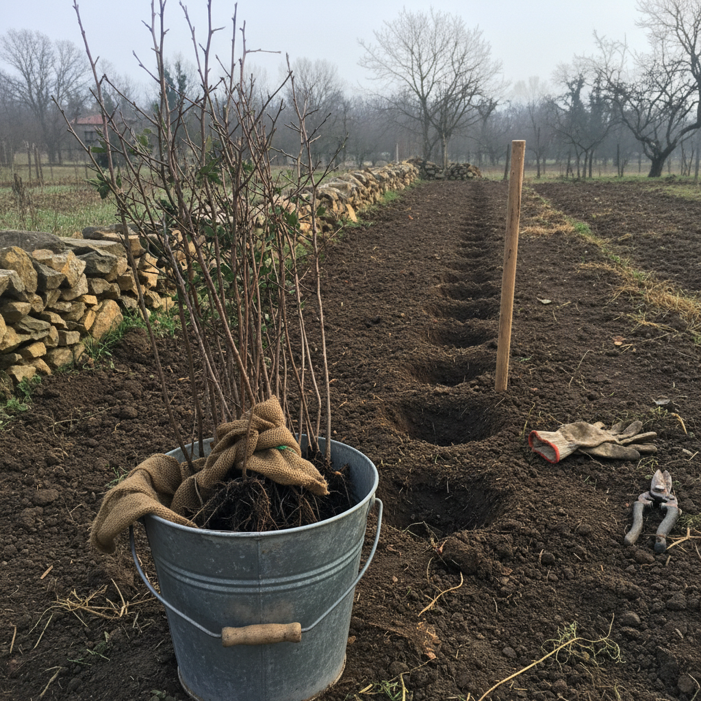 Plantones de espino albar a raíz desnuda apoyados en cubo junto a hilera de plantación