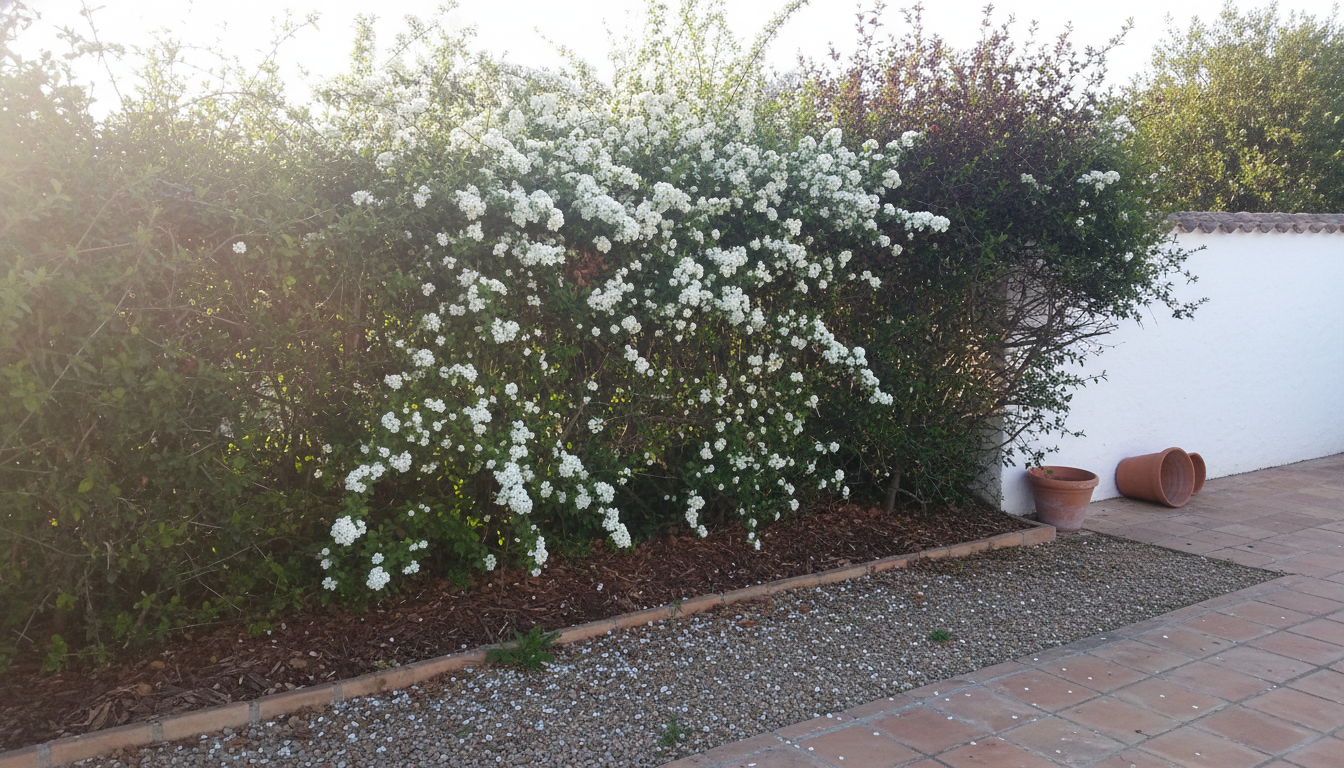 Seto mixto autóctono español con espino albar en flor junto a muro encalado y patio de terracota