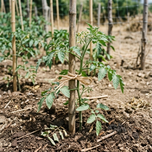 Tomatera joven atada con rafia a caña de bambú en huerto español, suelo con compost.