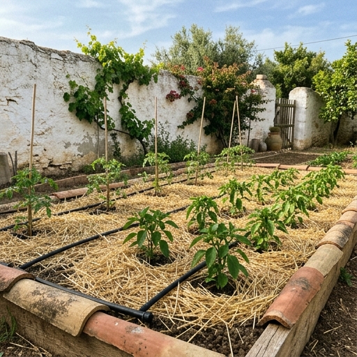 Bancal de huerto acolchado con paja entre tomateras, riego por goteo, jardín mediterráneo.