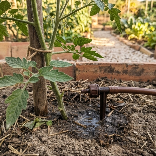 Goteros de riego junto a plantas de tomate en huerto español, suelo con mulch y tierra seca.