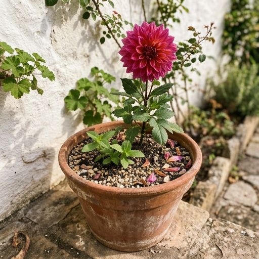 Dahlia en flor y zinias en maceta de barro junto a un muro encalado, jardín español de verano.