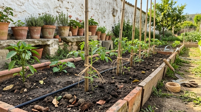 Huerto mediterráneo en mayo con tomateras recién trasplantadas, macetas de barro y muro encalado.