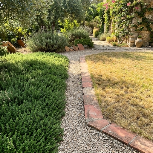 Zona de jardín con tomillo serpol y otra de césped convencional, contraste seco y verde.
