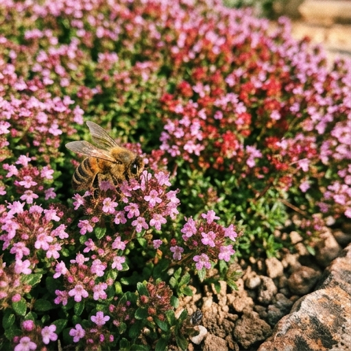 Abeja sobre tomillo serpol en flor, manta de flores rosas pegadas al suelo, luz mediterránea.