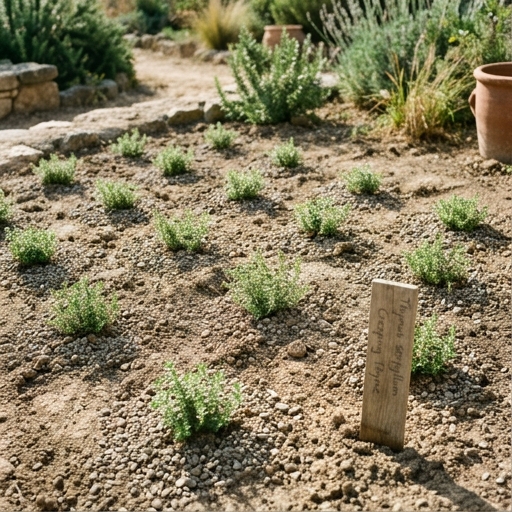 Plantines de tomillo serpol en suelo de grava con espaciado de 20 cm, recién plantados en jardín.