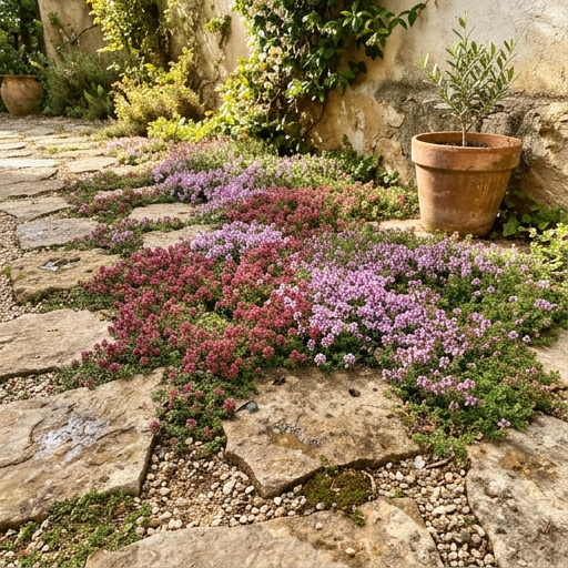 Mosaico de tapizantes con tomillo serpol y otros tomillos rastreros entre losas, jardín mediterráneo.