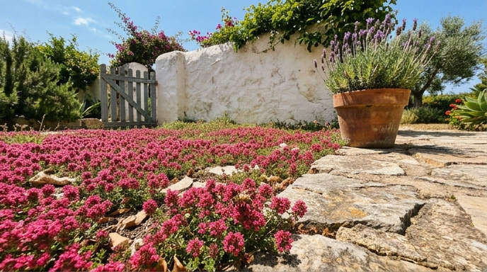Manto de tomillo serpol rojo en flor cubriendo suelo de jardín mediterráneo con losas de piedra.
