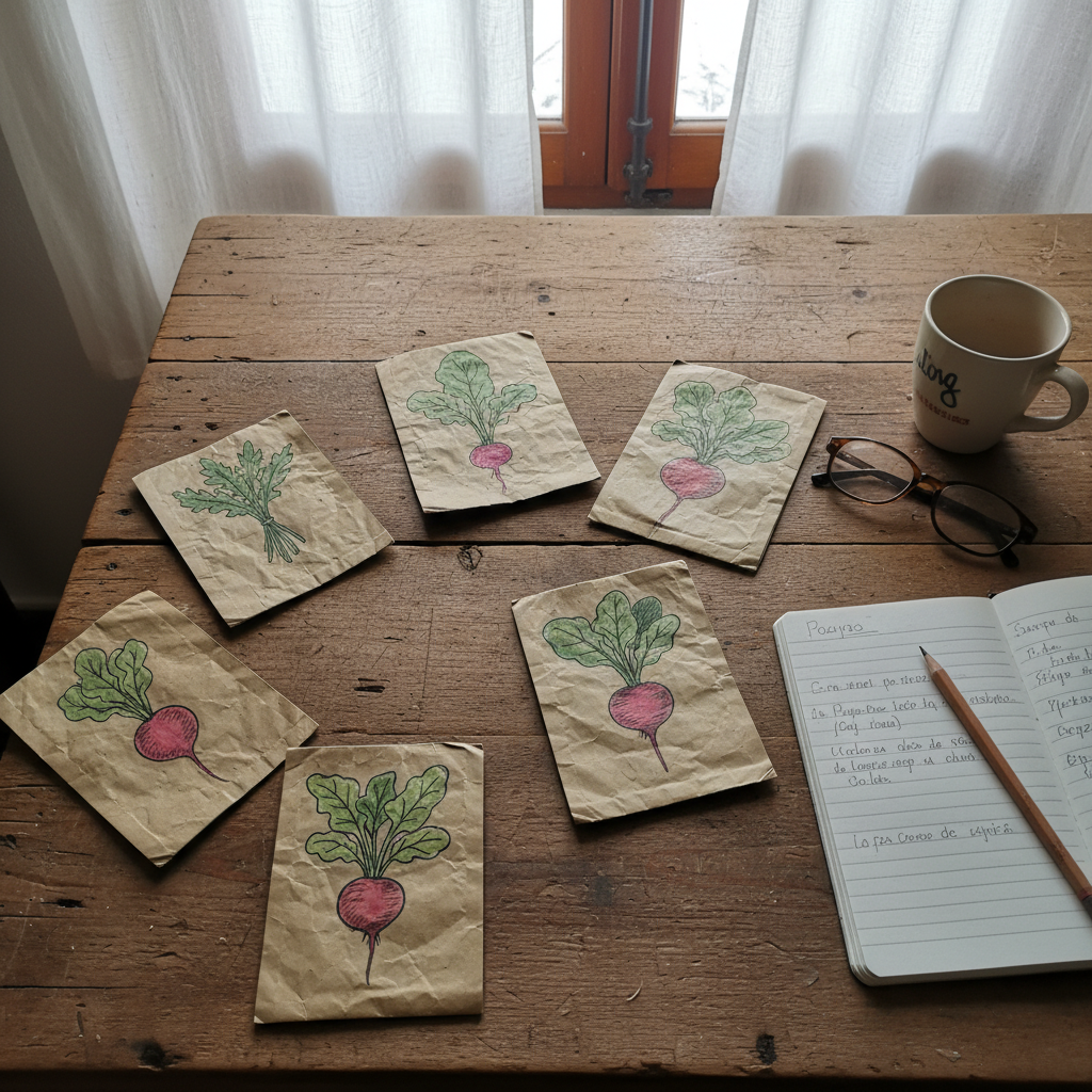 Sobres de semillas de hortalizas españolas sobre mesa rústica de madera junto a libreta y lápiz para planificar siembras