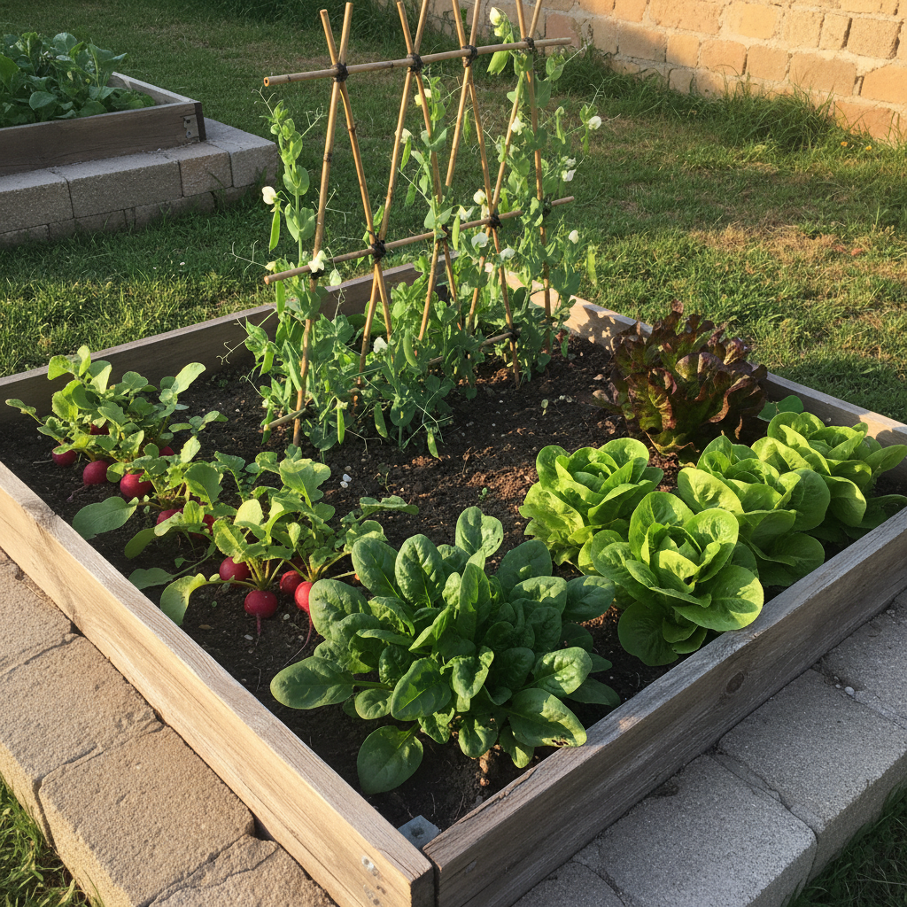 Bancal con rabanitos, espinaca, lechuga y guisantes creciendo juntos en huerto pequeño con bordes de madera y piedra